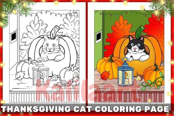 Thanksgiving Cat Coloring Page 06 — Kdp Interiors Graphics